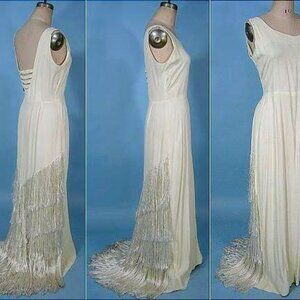 Vintage 1930s Ivory Crepe Gown with Extraordinary Fringed Trained Back, Size 14